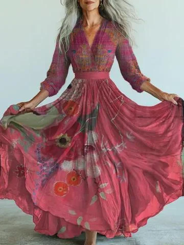 Retro Boho Floral Art Printed Vintage V-Neck Long Sleeves Midi Dress