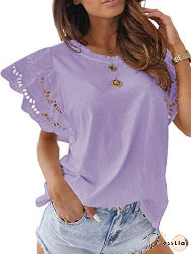 Women's T-Shirts Solid Crew Neck Lace Flare Sleeve T-Shirt
