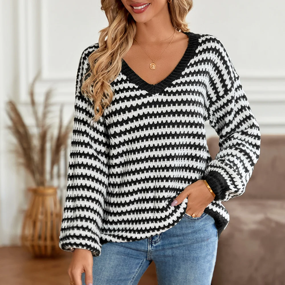 Smiledeer New Ladies V Neck Loose Striped Casual Sweater