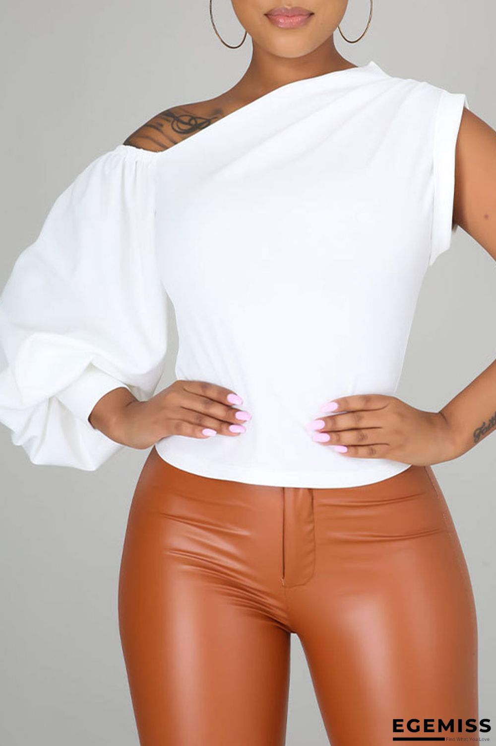 White Fashion Casual Solid Patchwork Asymmetrical Oblique Collar Tops | EGEMISS