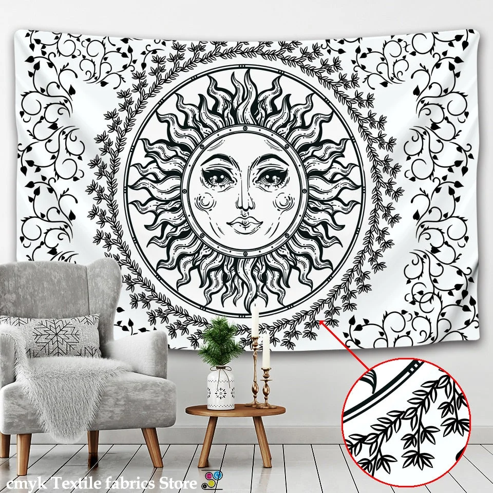 White Black Sun Moon Mandala Tapestry Wall Hanging Celestial  Hippie  Carpets Dorm Decor Psychedelic Witchcraft Halloween