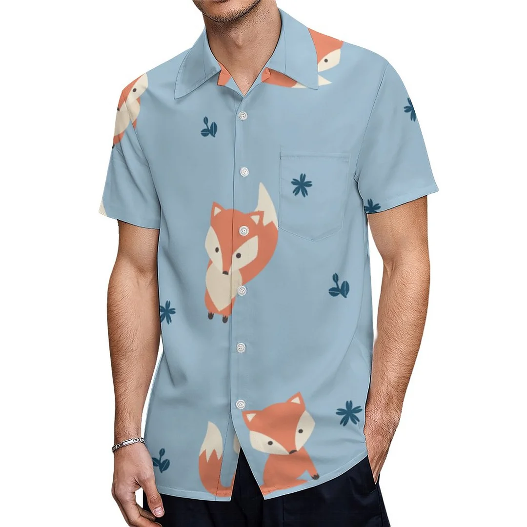 Short Sleeve Blue Cute Cartoon Fox Hawaiian Shirt Mens Button Down Plus Size Tropical Hawaii Beach Shirts