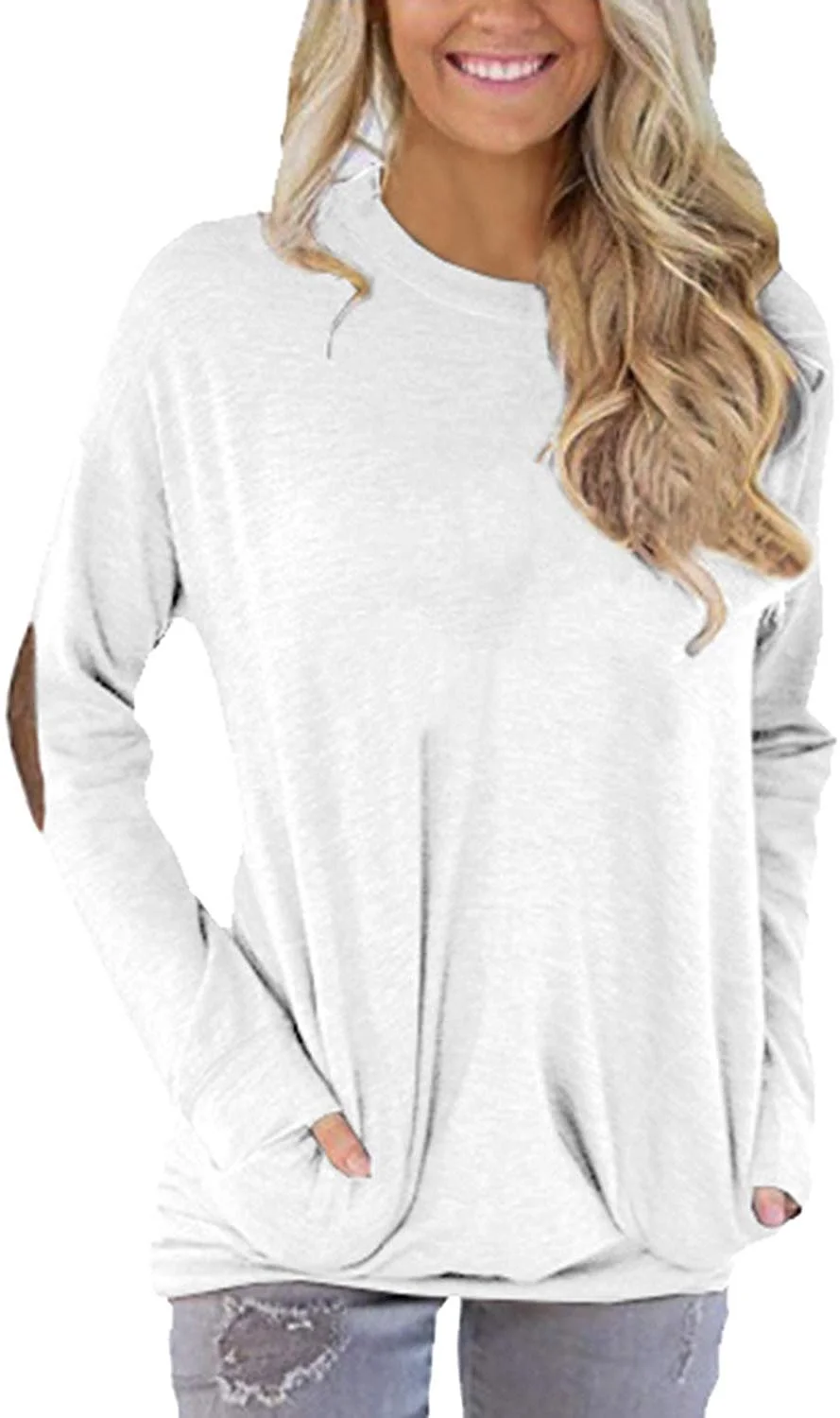 Womens Loose Crew Neck Batwing Sleeve Patches Blouse Top T-Shirts