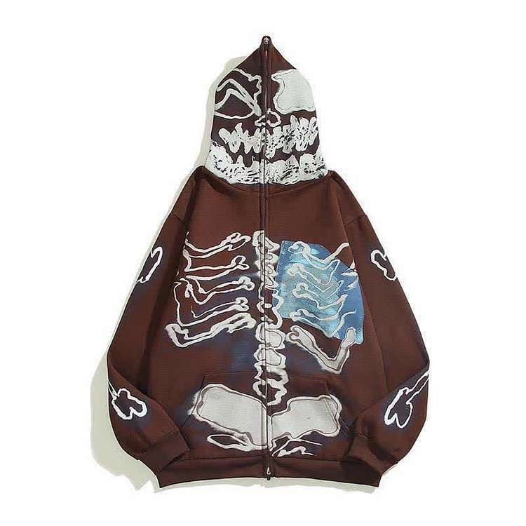 Skeleton Print Zipper Loose Hooded Sweatshirt - Modakawa Modakawa