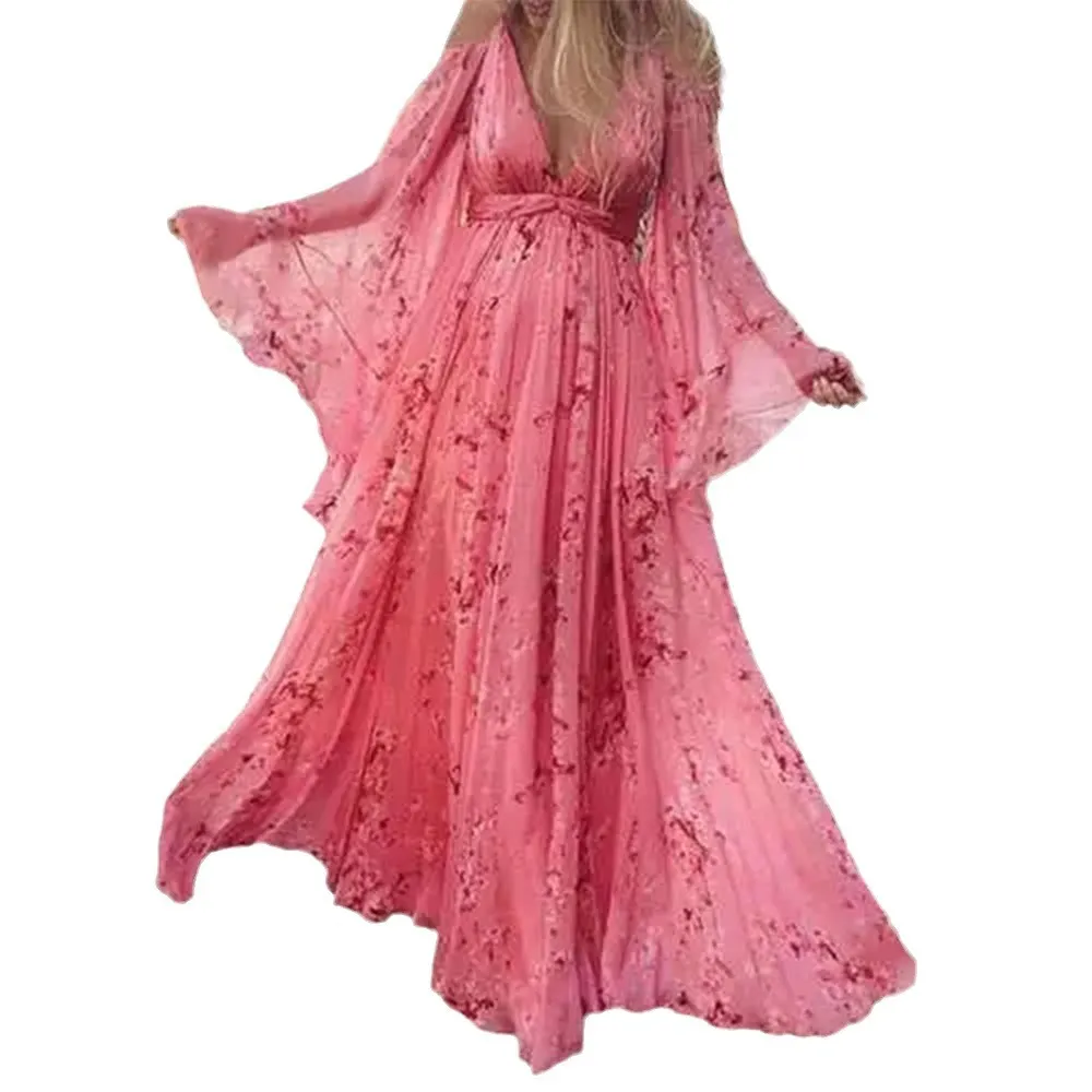 Uveng Uveng Summer Suspension Deep V-Neck Print Sexy Bat Sleeves 100-Folded Long Dress Pregnant Skirt Up And Down