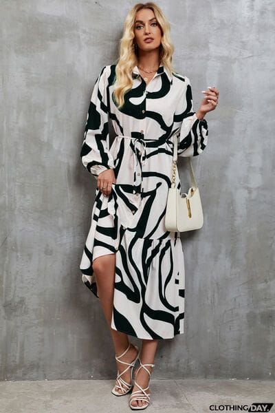 Tie-Waist Printed Button Up Dress