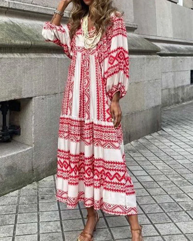 Pattern Printed Long Sleeve Loose Dress