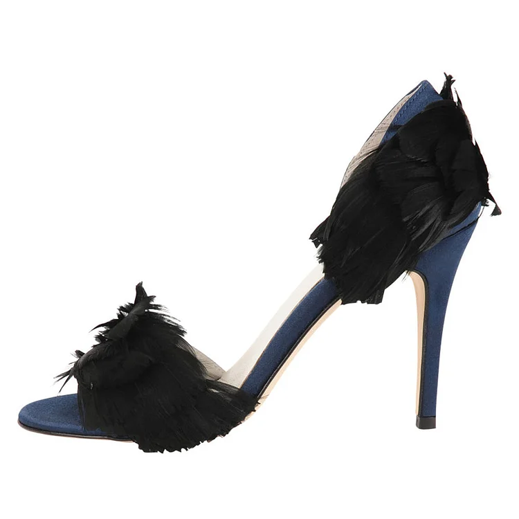 Navy Satin Bridesmaid Shoes Open Toe Black Faux Feather Sandals |FSJ Shoes