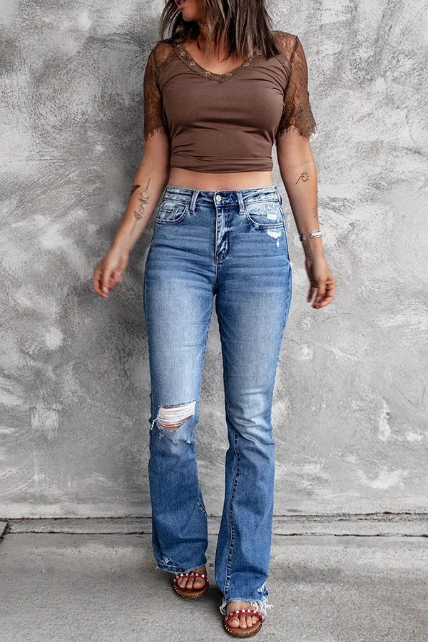 Washed Denim High-rise Ripped Bootcut Jean