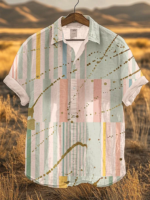 Men's Line Geometric Color Block Ink Art Print Casual Shirt