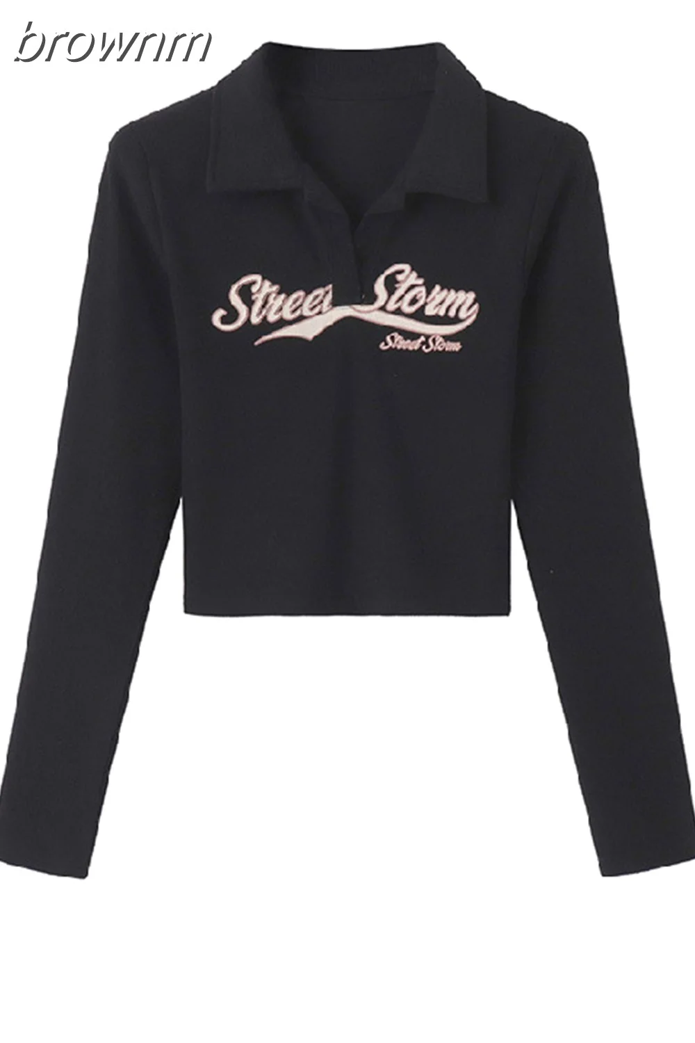 brownm Retro Graffiti Print T Shirt Women Slim Crop Ribbed Top Polo Collar Y2k Elastic Tight Streetwear Long Sleeved T-shirts