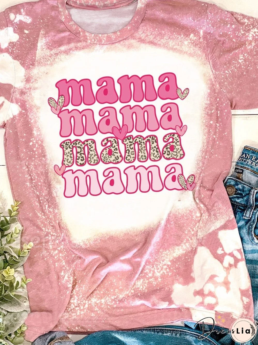 Pretty in Pink Mama Leopard Heart Bleached Graphic Tee
