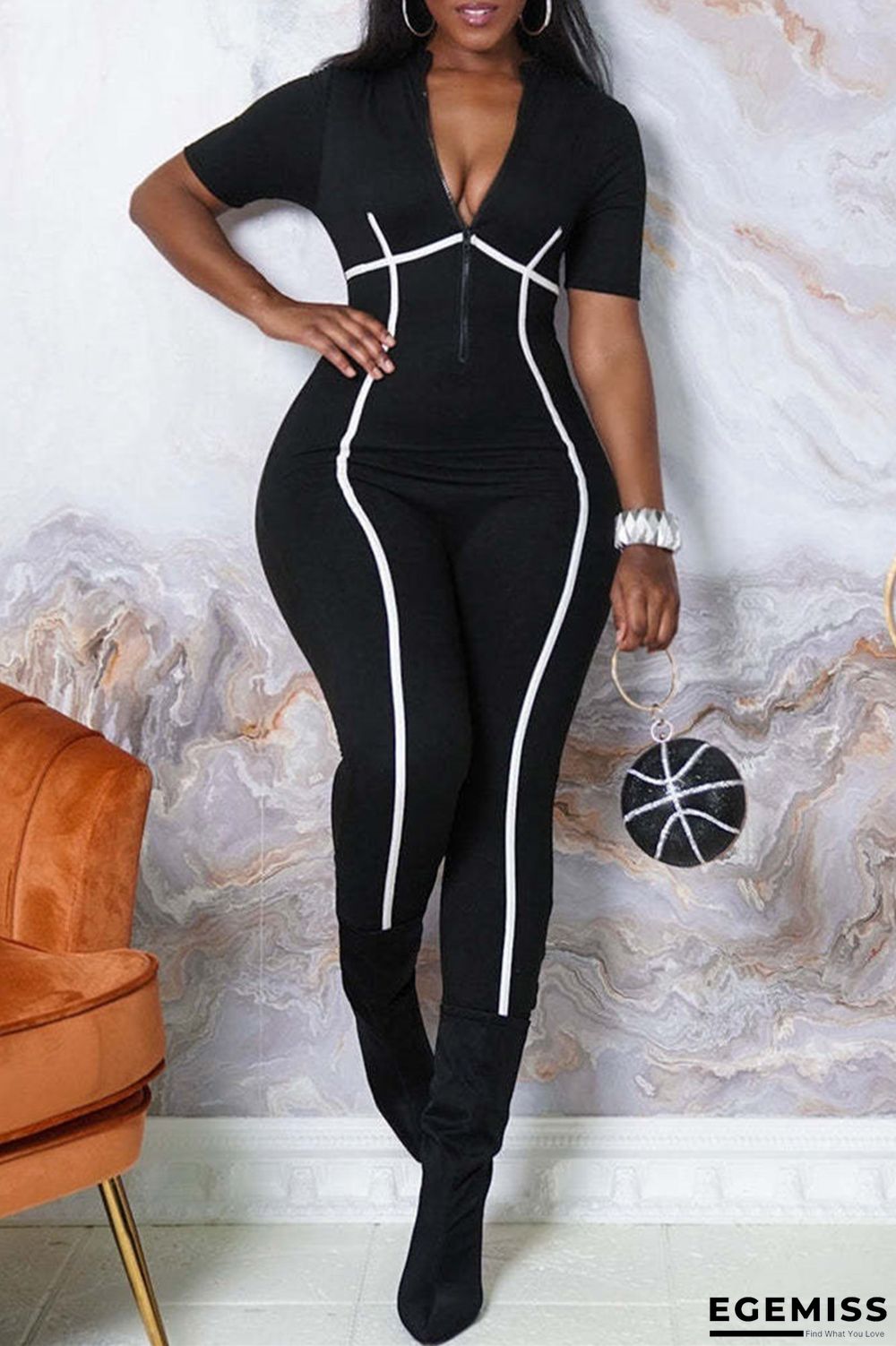 Black Fashion Casual Solid Patchwork Zipper Collar Skinny Jumpsuits | EGEMISS