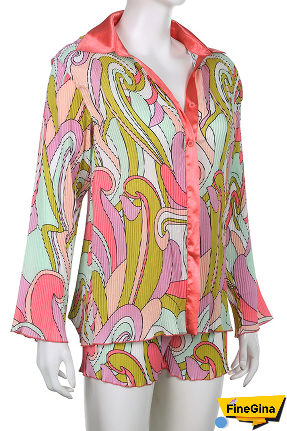 Colour Casual Print Patchwork Turndown Collar Long Sleeve Two Pieces