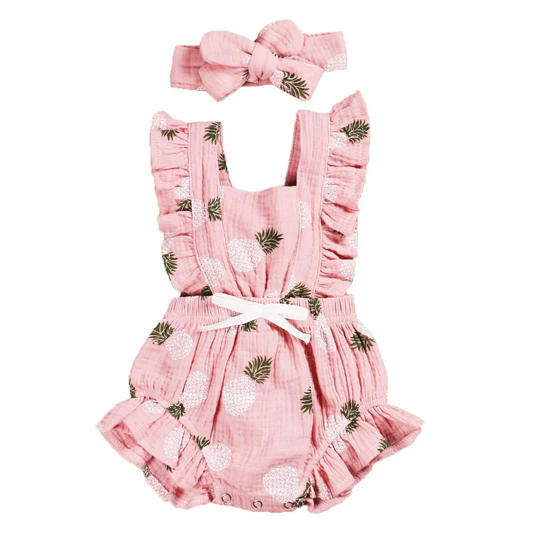 2020 Baby Summer Clothing 2Pcs Newborn Kid Baby Girl 100% Cotton Clothes Ruffle Romper Jumpsuit Headband Outfit