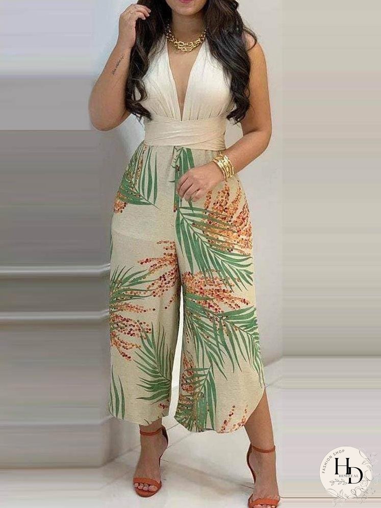 Crisscross Backless Top & Tropical Print Wide Leg Pants Set for Women