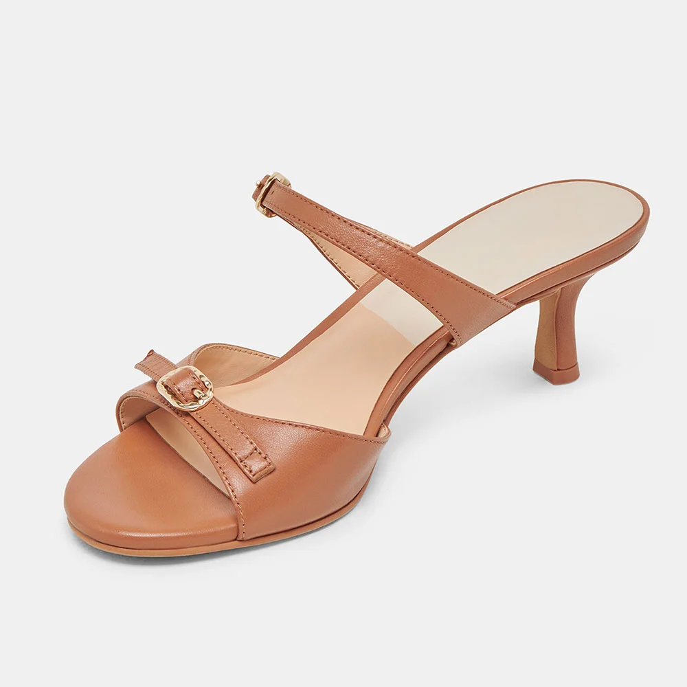Brown Vegan Leather Buckle Kitten Heel Open-Toe Slide Shoes for Women