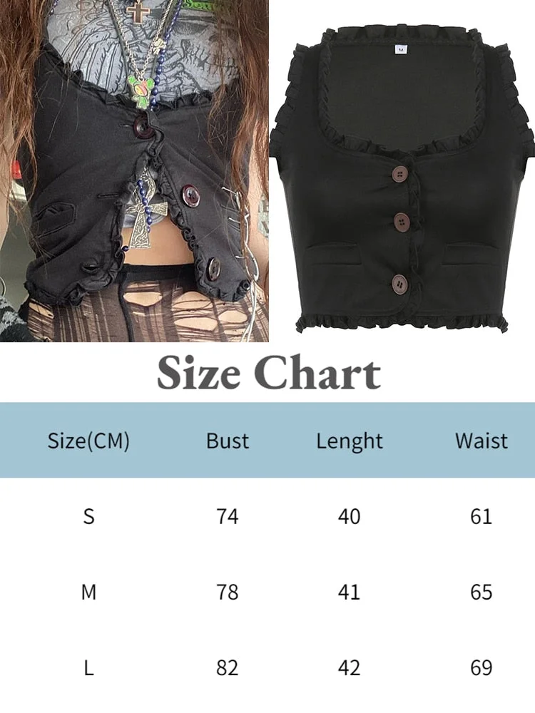 Jacuqeline Y2K Clothes Ruffle Tank Tops Women Button Racerback Fairy Grunge Vest Vintage Crop Tops Harajuku Gothic Preppy Corset