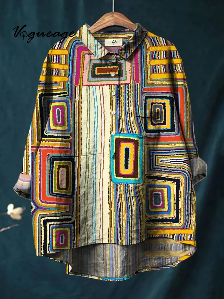 Colorful Square Lines Interesting Splicing Printed Cotton And Linen Shirt