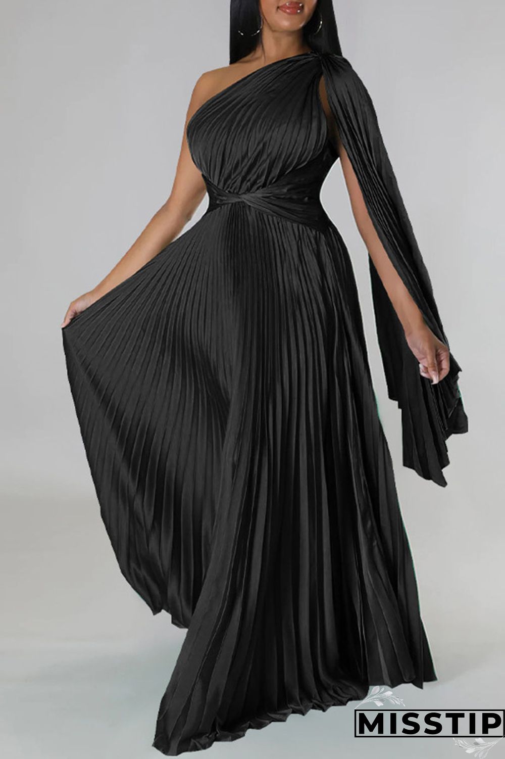 Colorful Blue Elegant Solid Patchwork Fold Oblique Collar Straight Dresses
