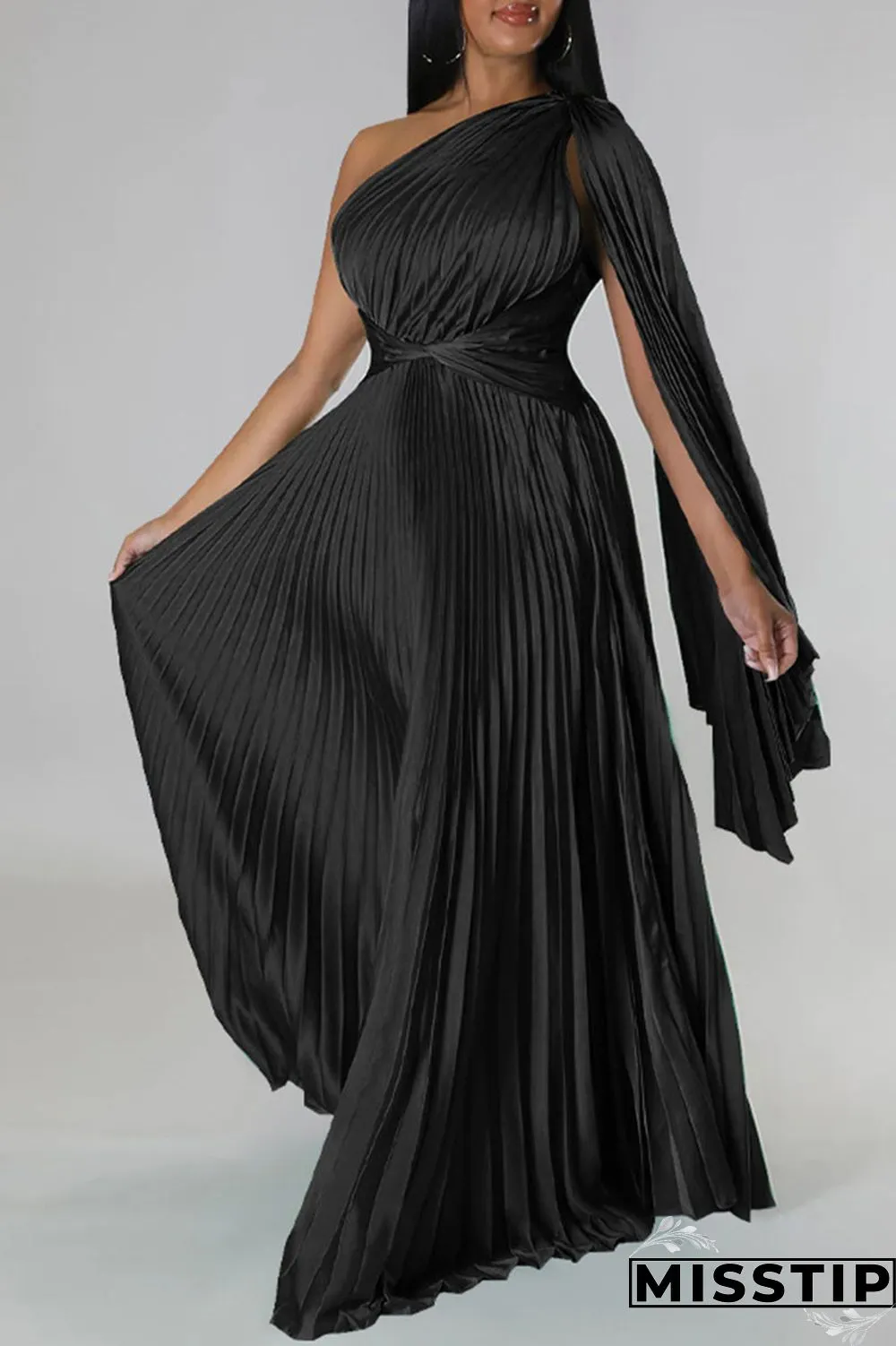 Colorful Blue Elegant Solid Patchwork Fold Oblique Collar Straight Dresses