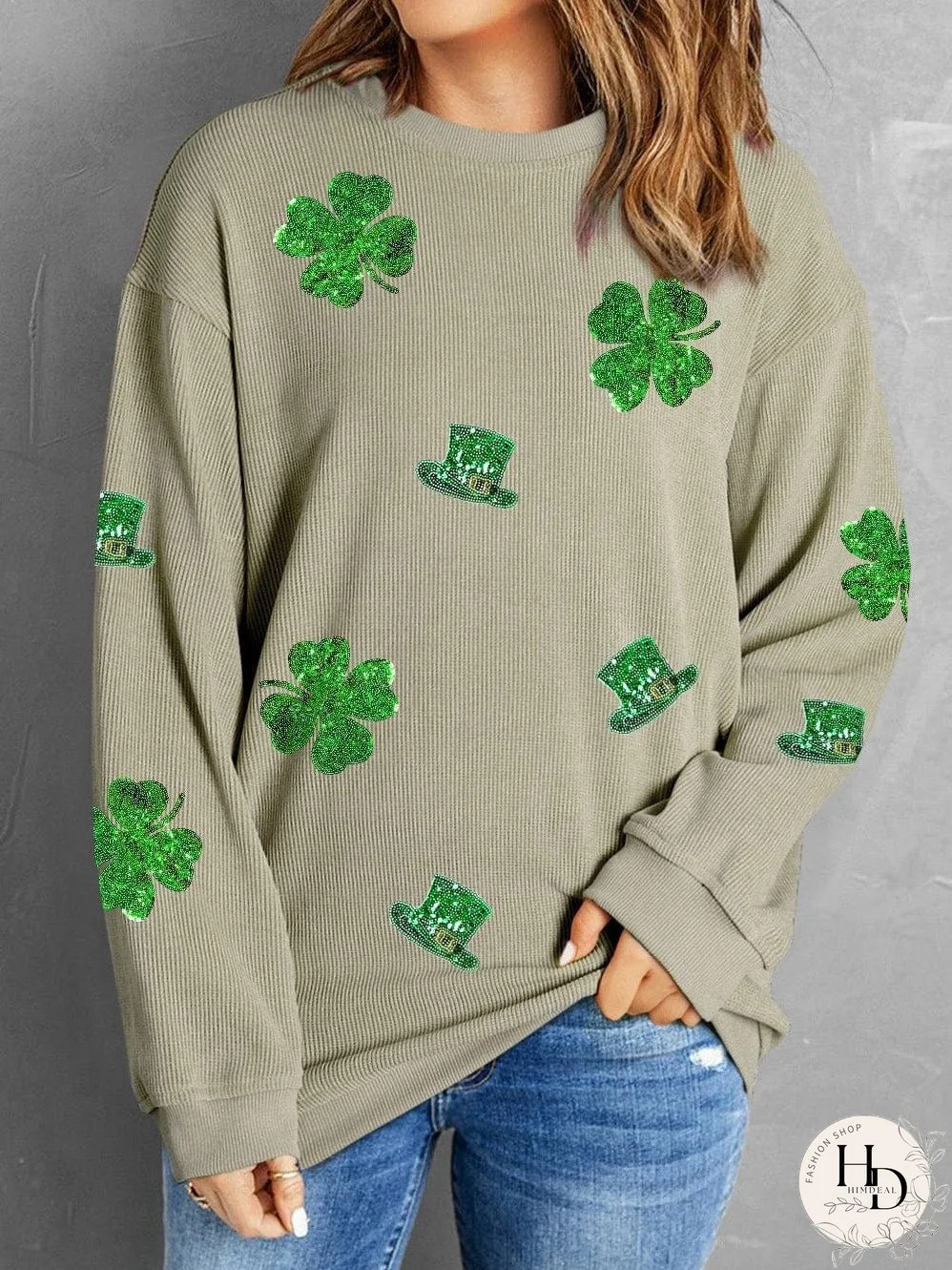 Stylish Corduroy Sweatshirt with Green Sequin Accents