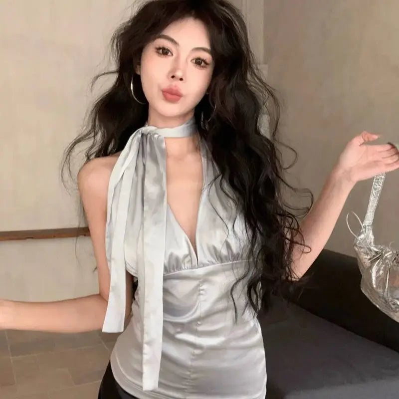 Women's Silver Crop Top Vintage Y2k Camisole Fashion V-Neck Sleeveless Off Shoulder Bandage Corset Top 2000s Clothes 2024 Summer LANFUBEISI