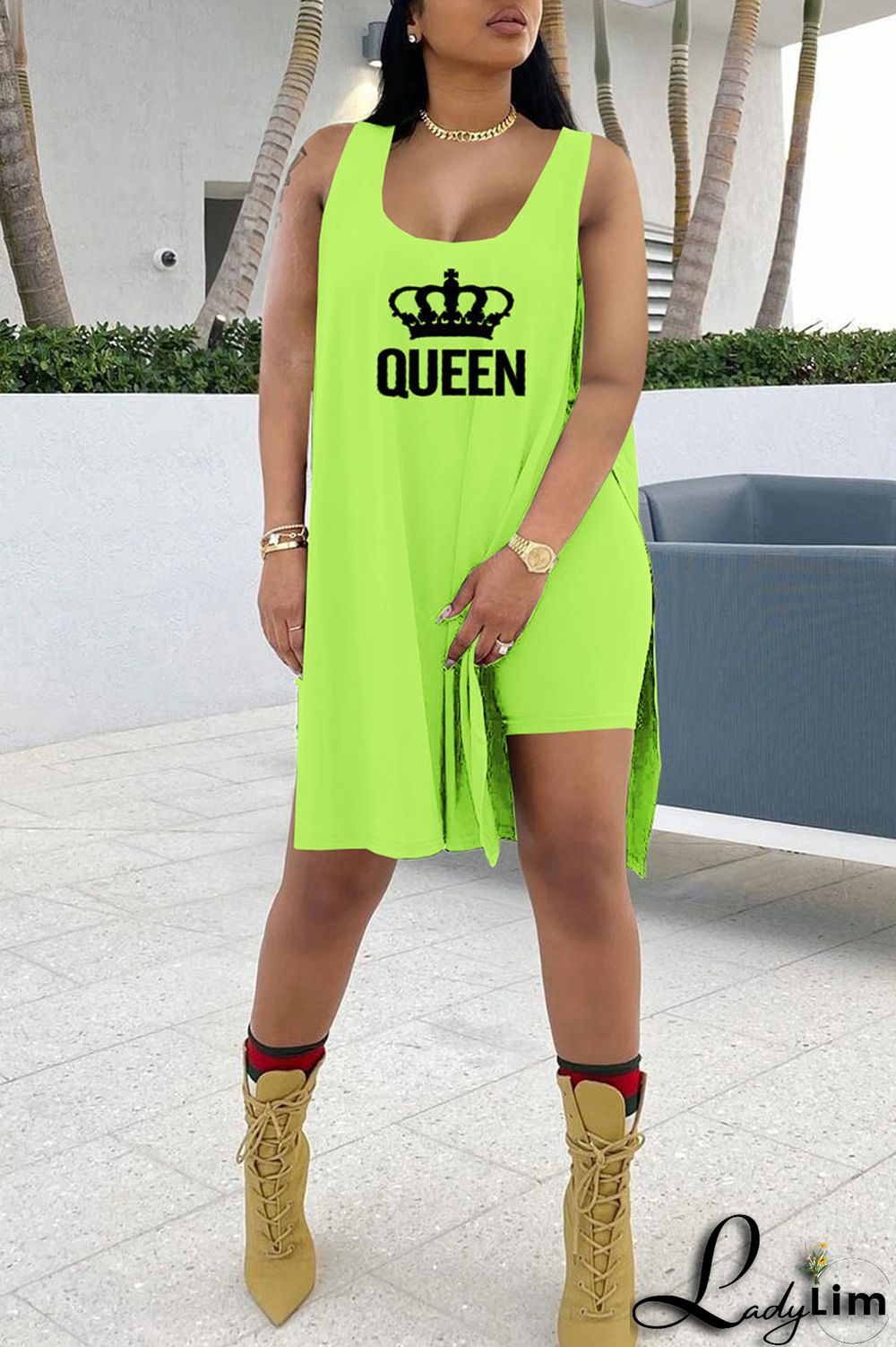 Royal Blue Casual Print Split Joint Slit U Neck Sleeveless Two Pieces