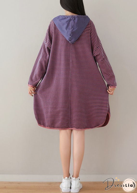 Plus Size Purple Hooded Striped Print Cotton Sweatshirt Dress Spring