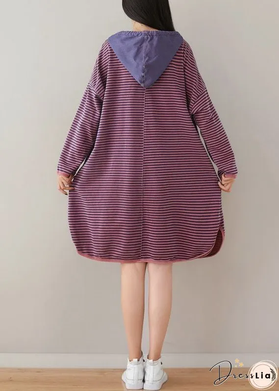 Plus Size Purple Hooded Striped Print Cotton Sweatshirt Dress Spring