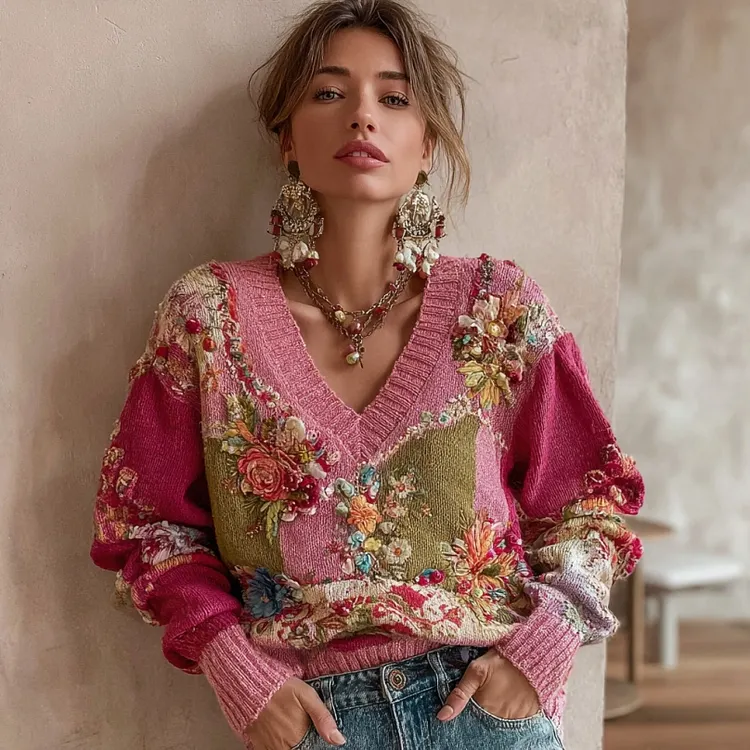 Women's Vintage Bohemian Floral Embroidery Patchwork Art V-neck Cozy Knit Sweater