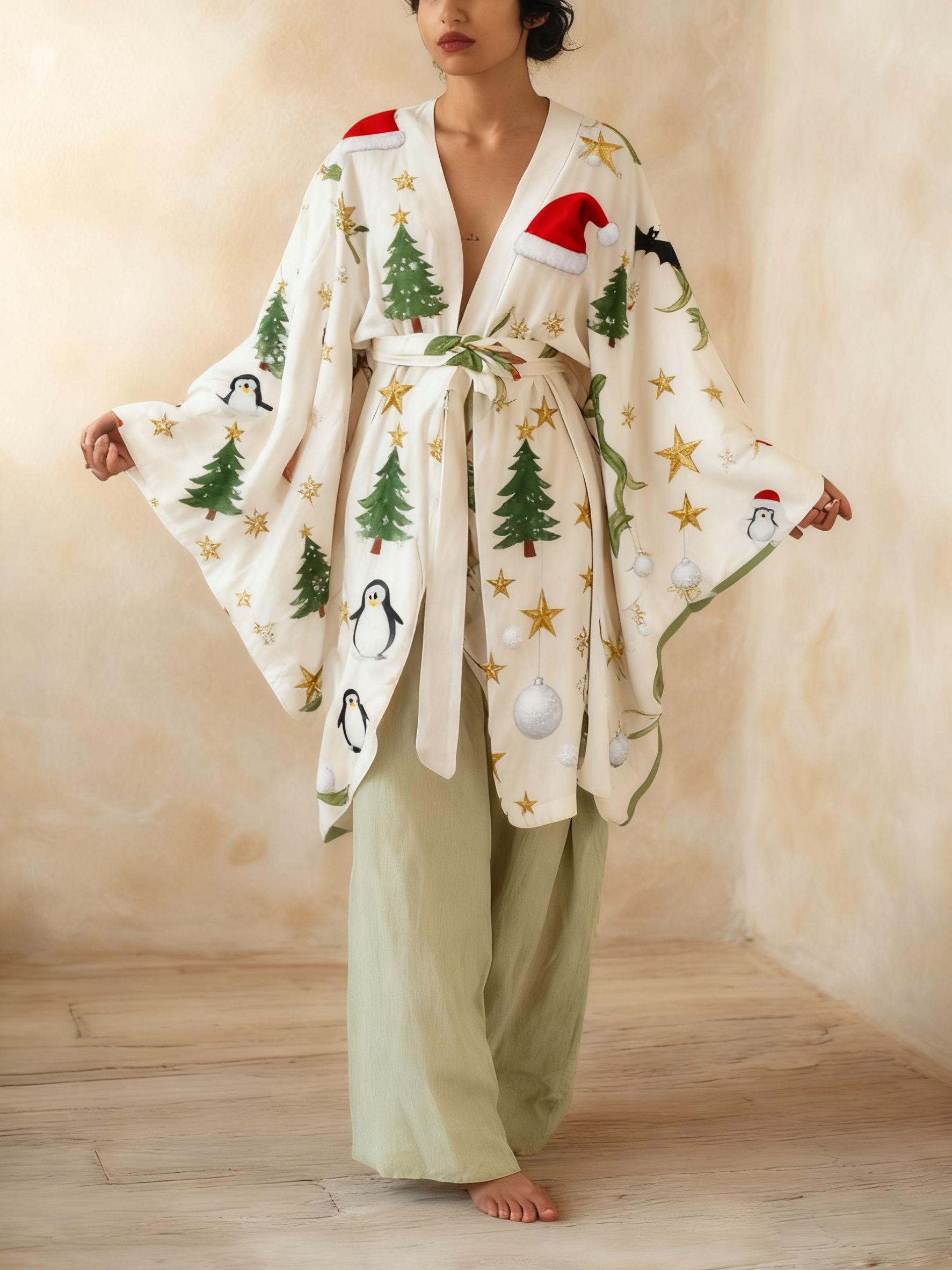 Kimono art Christmas pattern linen lace-up tops and trousers two-piece suit