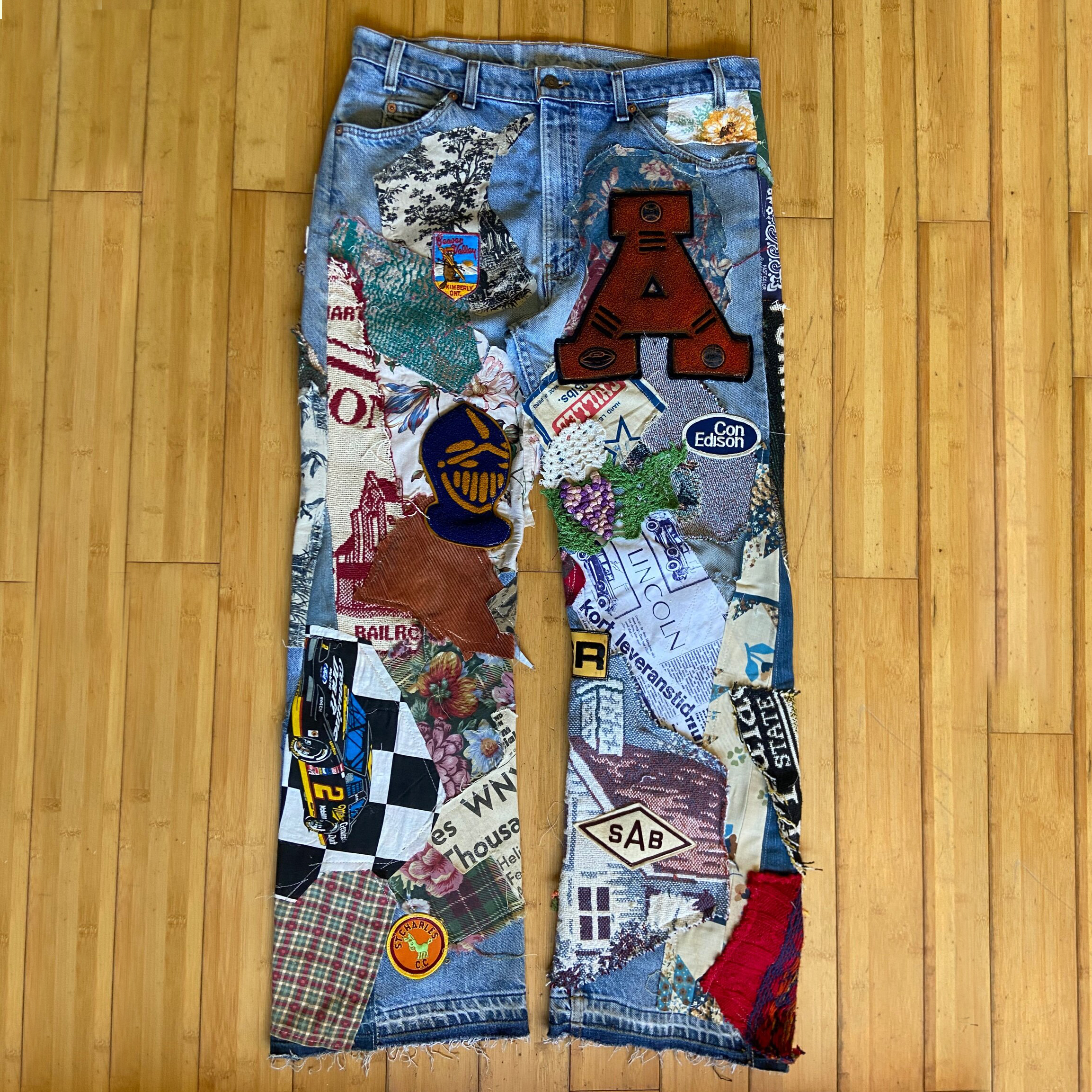 Casual street stitching wide-leg loose denim trousers