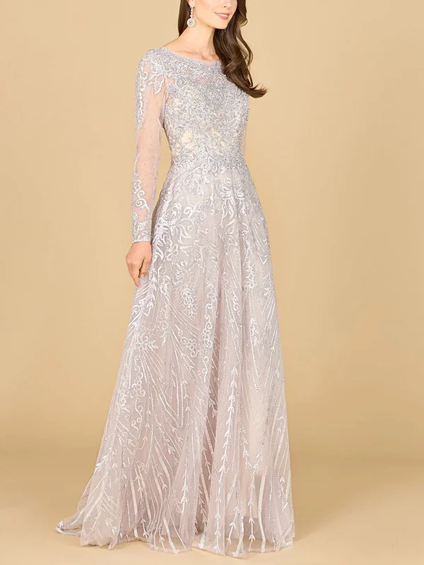Round Neck Solid Color Long Sleeve Lace Maxi Dress