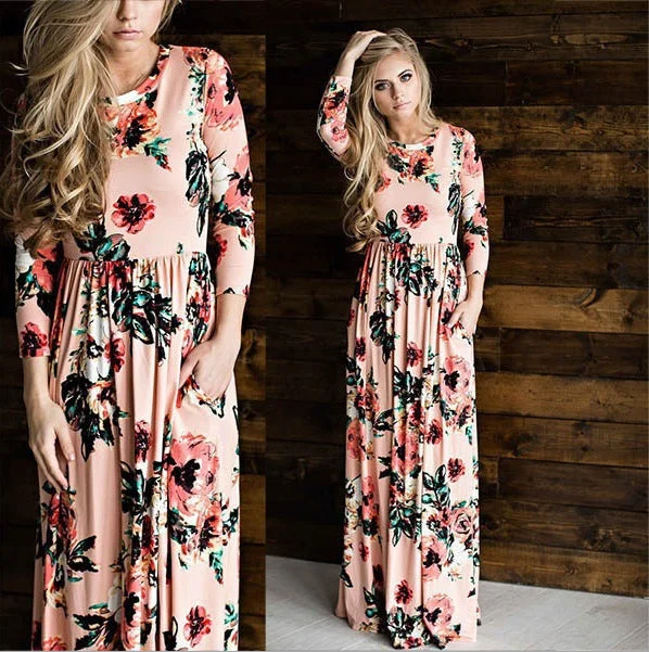 Uveng Summer Round Neck Flowers Print Long Sleeve Dress