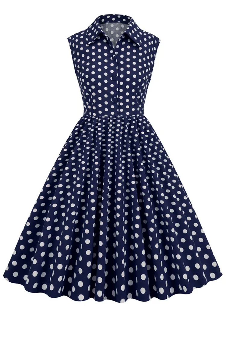 1950s Navy Blue Casual Polka Dot Shirt Collar A-line Swing Midi Dress