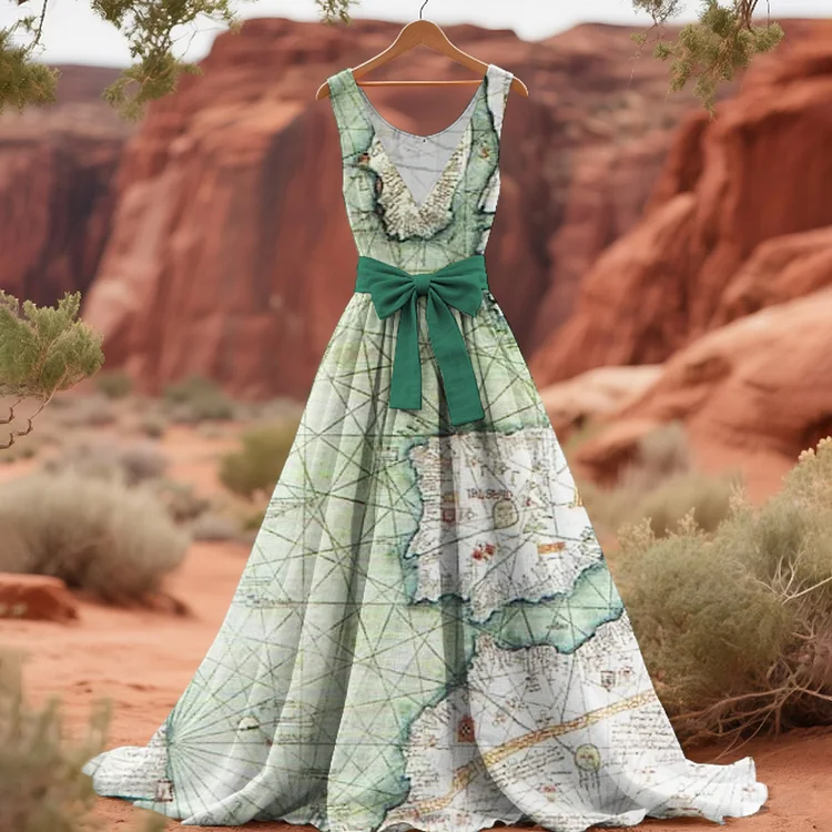 Simpfit Vintage Mittelalterliche Seekarte Damen Nachahmung aus Baumwolle und Leinen Maxikleid