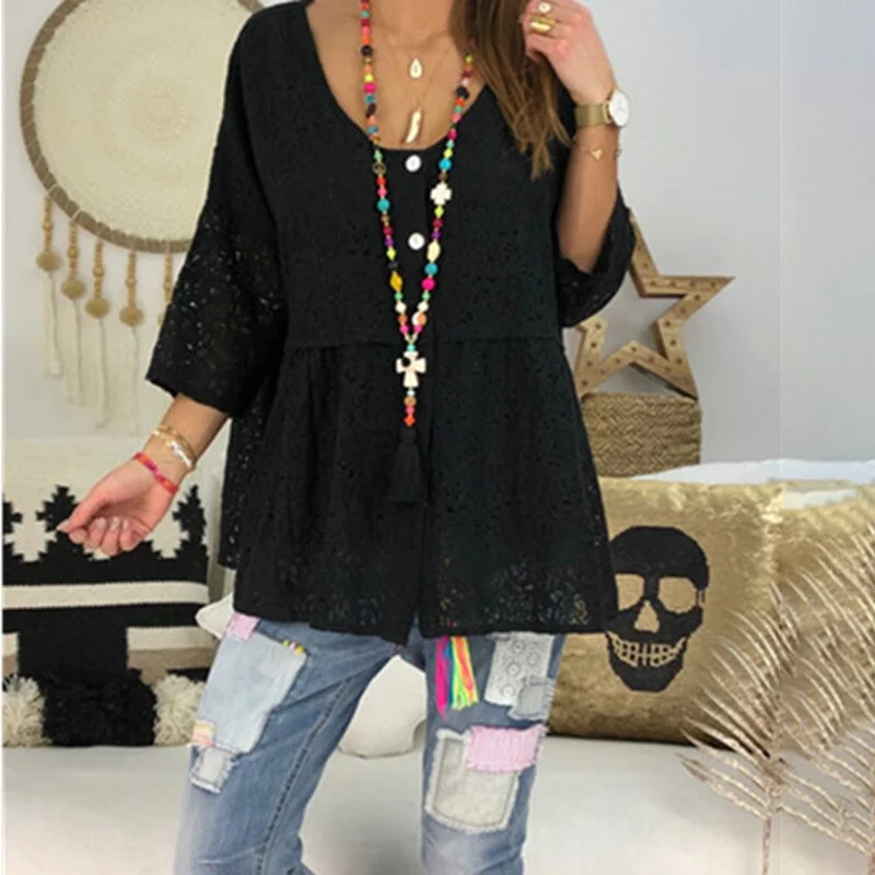 Christmas Gift V-neck White Black Lace Loose Blouse And Tops Women Plus Size 5xl 2021 Spring Summer Casual Shirt Buttons Woman Clothes