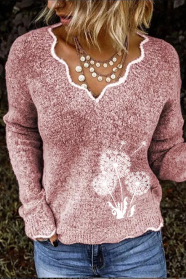 Fashion V Neck Dandelion Embroidery Sweater