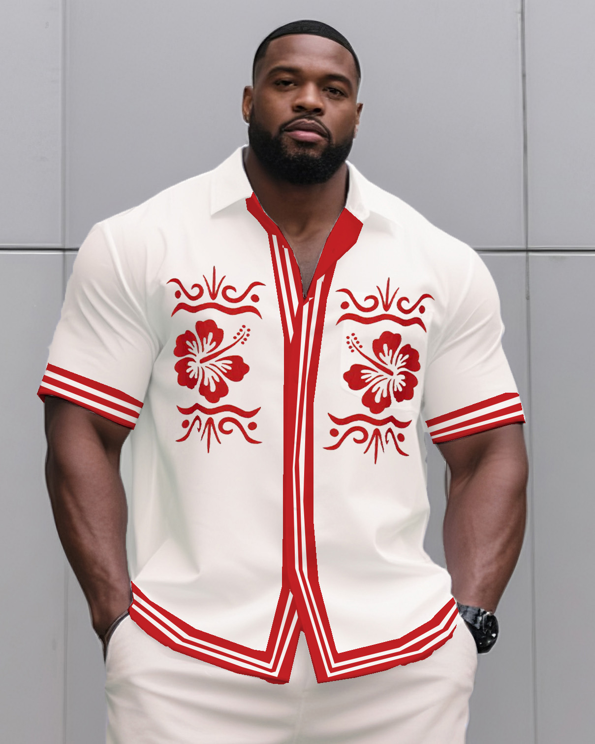 Big & Tall Men's Daily Casual Creamy-white Red Edge Creative Floral Shirt Shorts Suit