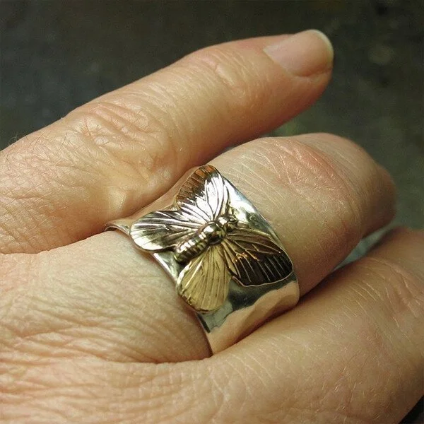 Vintage Butterfly Wide Band Silver Ring