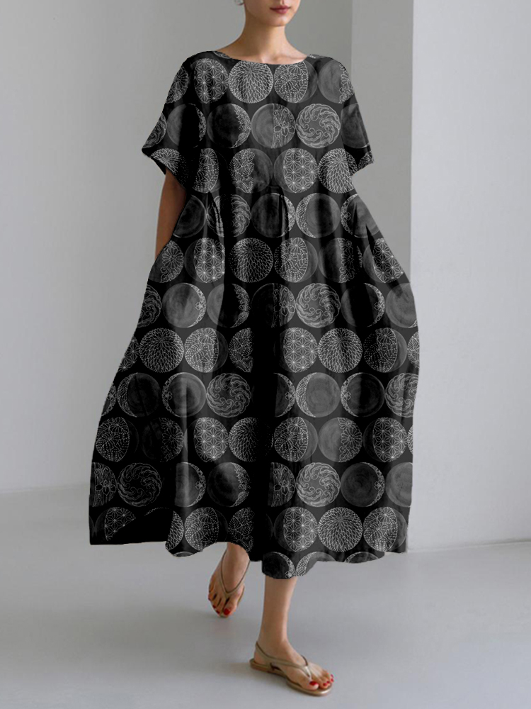 Comstylish Sashiko Moon Phases Japanese Art Linen Blend Maxi Dress