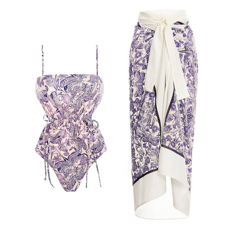 Flaxmaker Purple Dragonfly Printed Swimsuit and Sarong