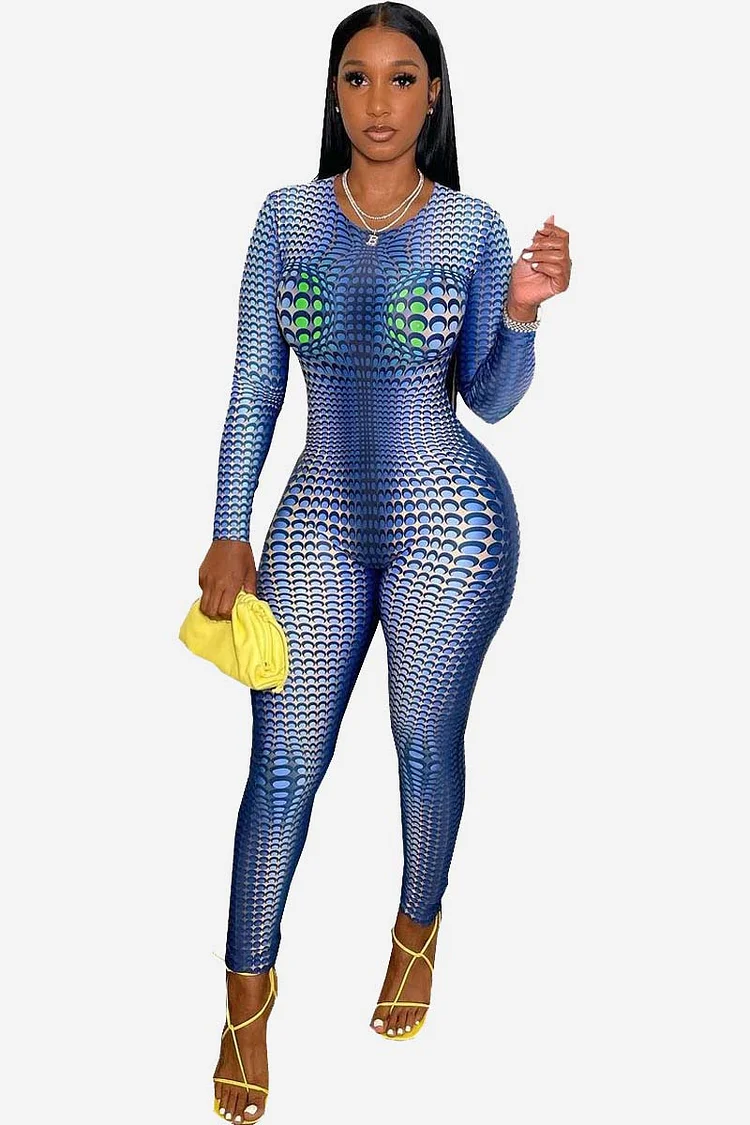 Pattern Print Round Neck Long Sleeve Bodycon Jumpsuit