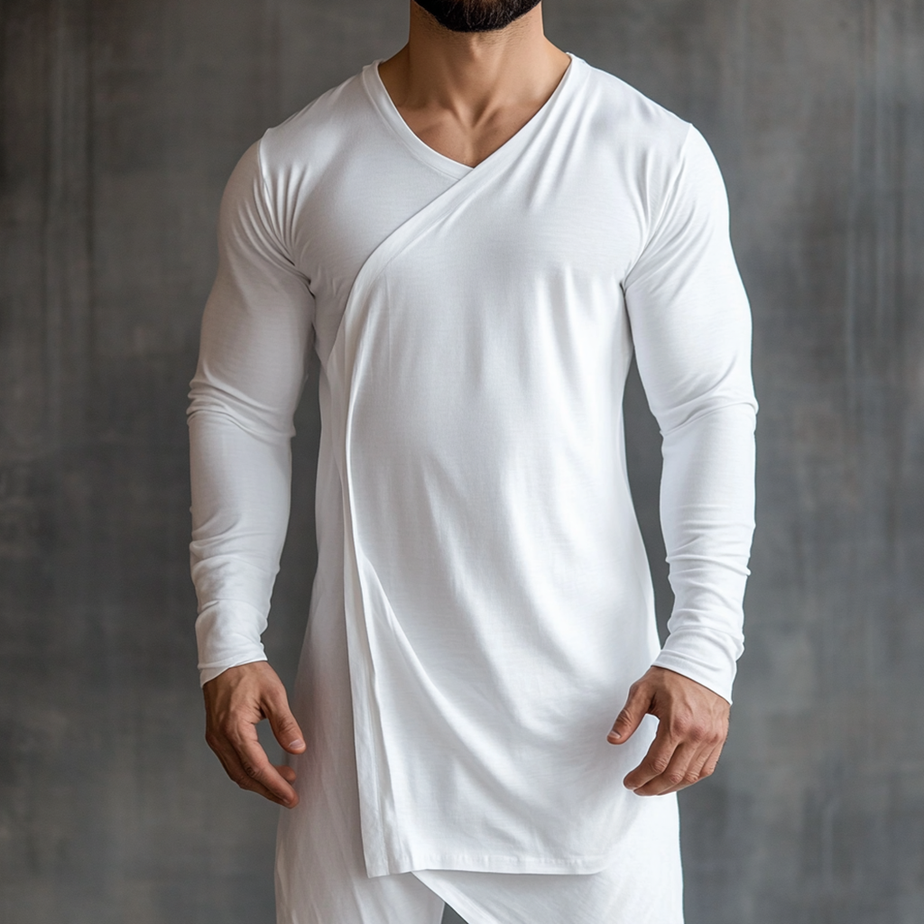  Asymmetric White Long Sleeve T-Shirt for Men - Modern and Stylish Design