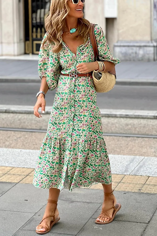 Sweet Valor Floral Puff Sleeve Button Up Loose Midi Dress