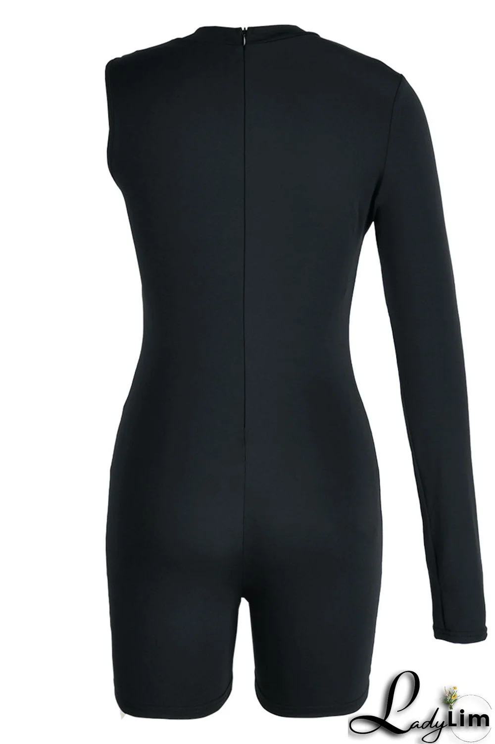 Black Sexy Sportswear Solid Patchwork Asymmetrical O Neck Skinny Jumpsuits