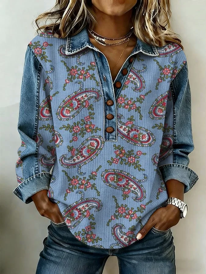Women's Western-Style Paisley Print Lapel And Button Design Knitted Top 