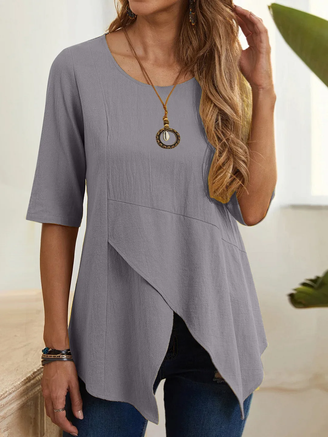 Women's Half Sleeve Scoop Neck Irregular Cotton And Linen Tops