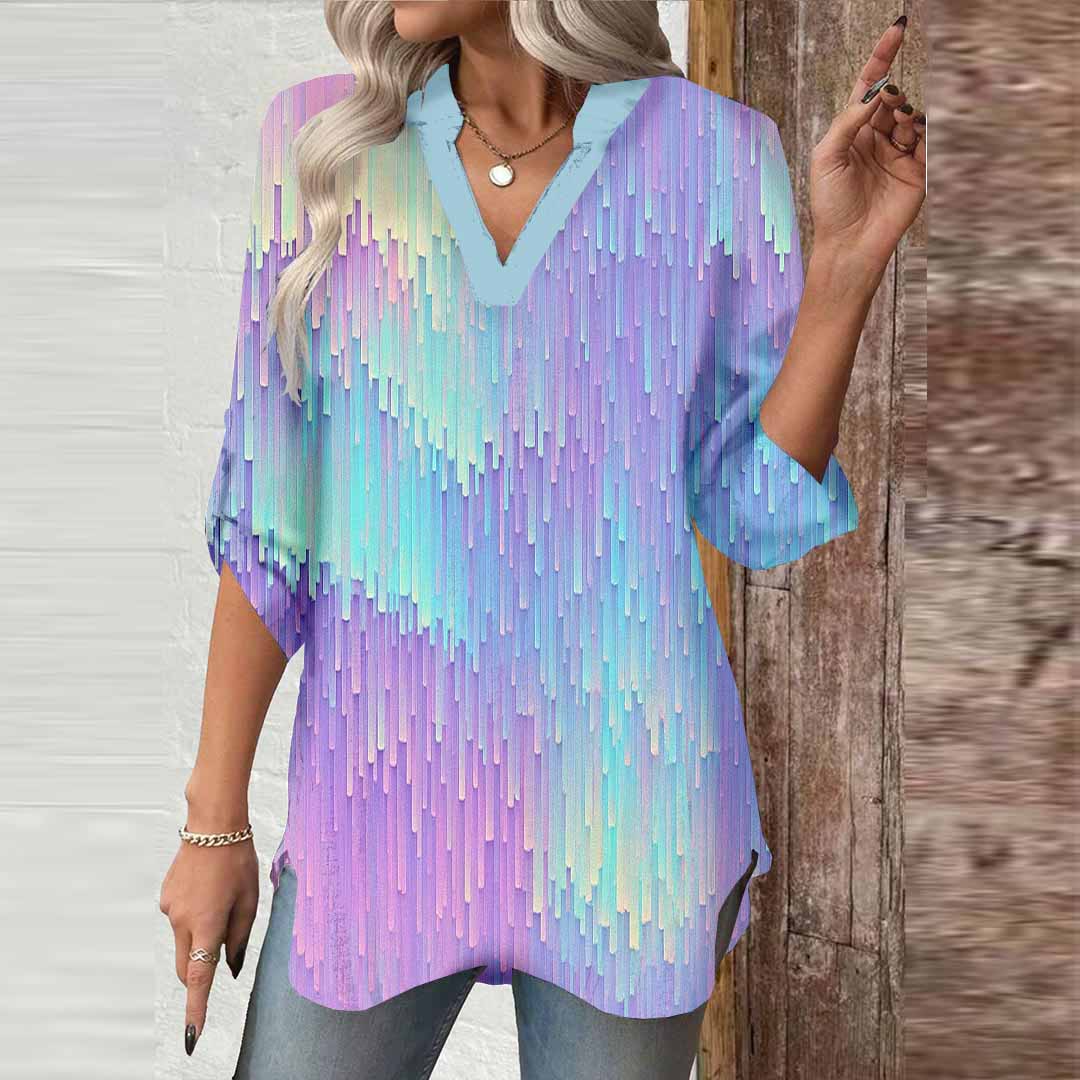 Women Shiny, Purple DZGA0356 3/4 Sleeve V-neck Printed Graphic Button Tops